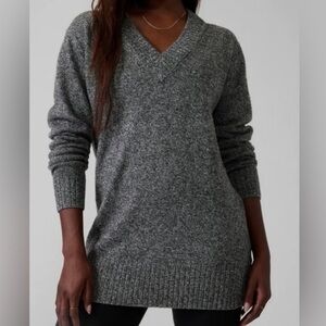 Athleta Vital V-Neck Tunic Sweater Wool Cashmere Blend Black White Marl Small